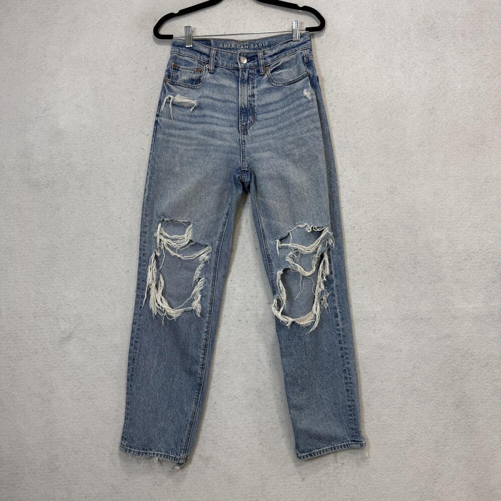 American Eagle Jeans Womens 0 Short Blue Highest Rise Baggy Straight Distressed